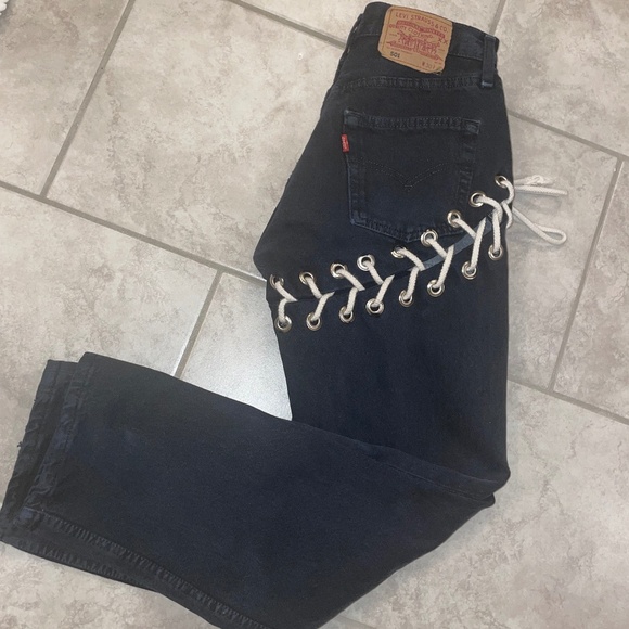 LEVI’S 501 Reworked Upcycled Lace Up Dark Navy Denim Jeans Size Fits 27-… - Picture 10 of 10